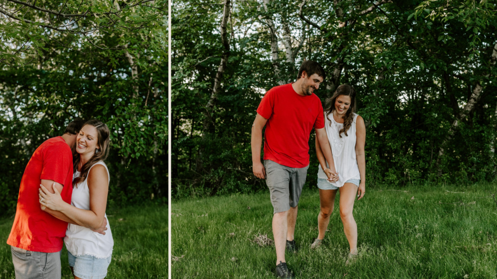 Newly engaged couple strolling on Grandad bluff in Lacrosse Wiconsin