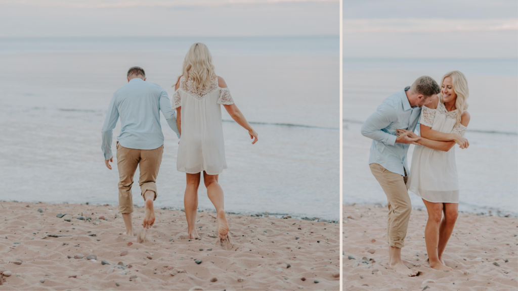 Newly engaged couple has fun on Madeline Island beach in Wisconsin.