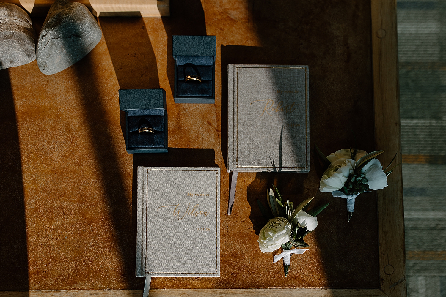 two rings in velvet boxes for Herbster WI Elopement