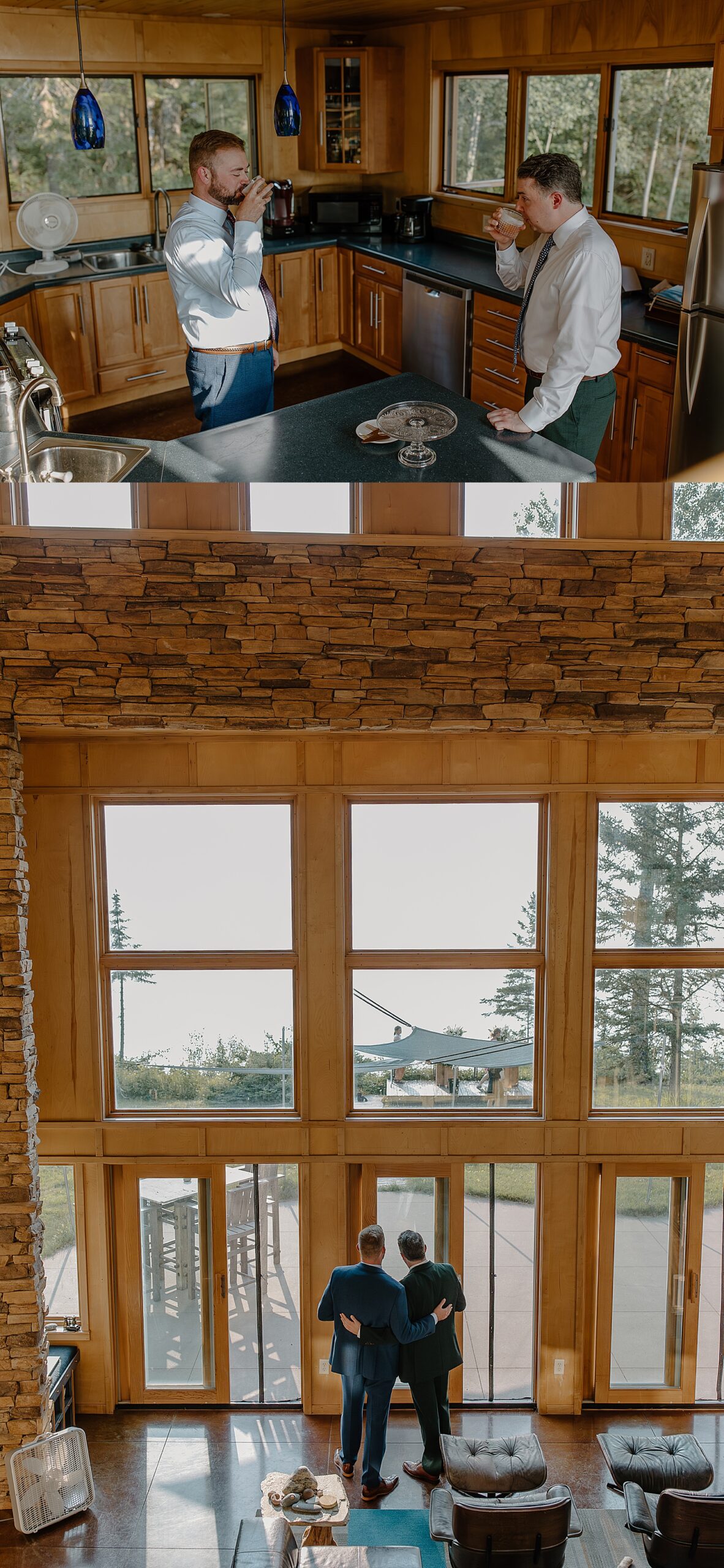 men look out large windows in Airbnb by Minnesota elopement photographer