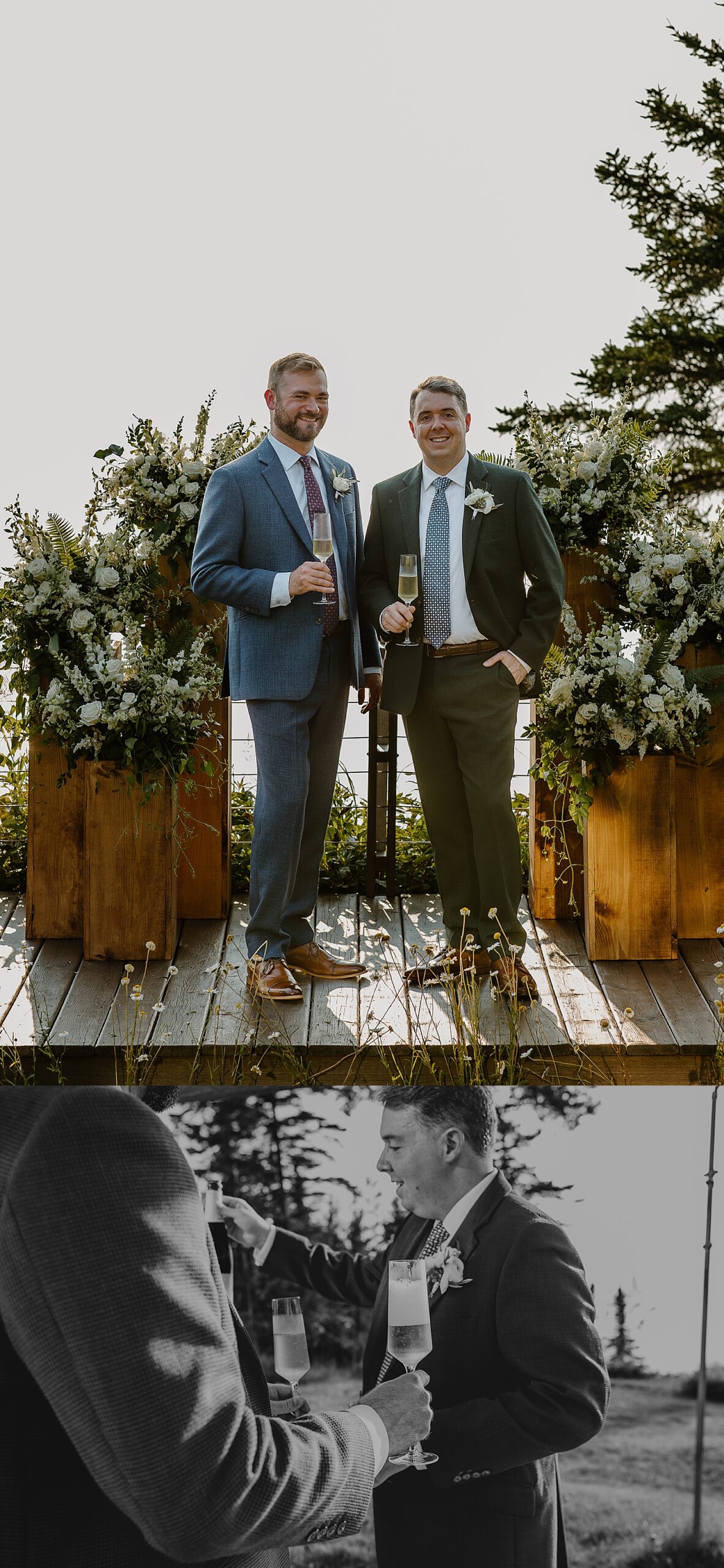 queer couple hold champagne at alter for Herbster WI Elopement