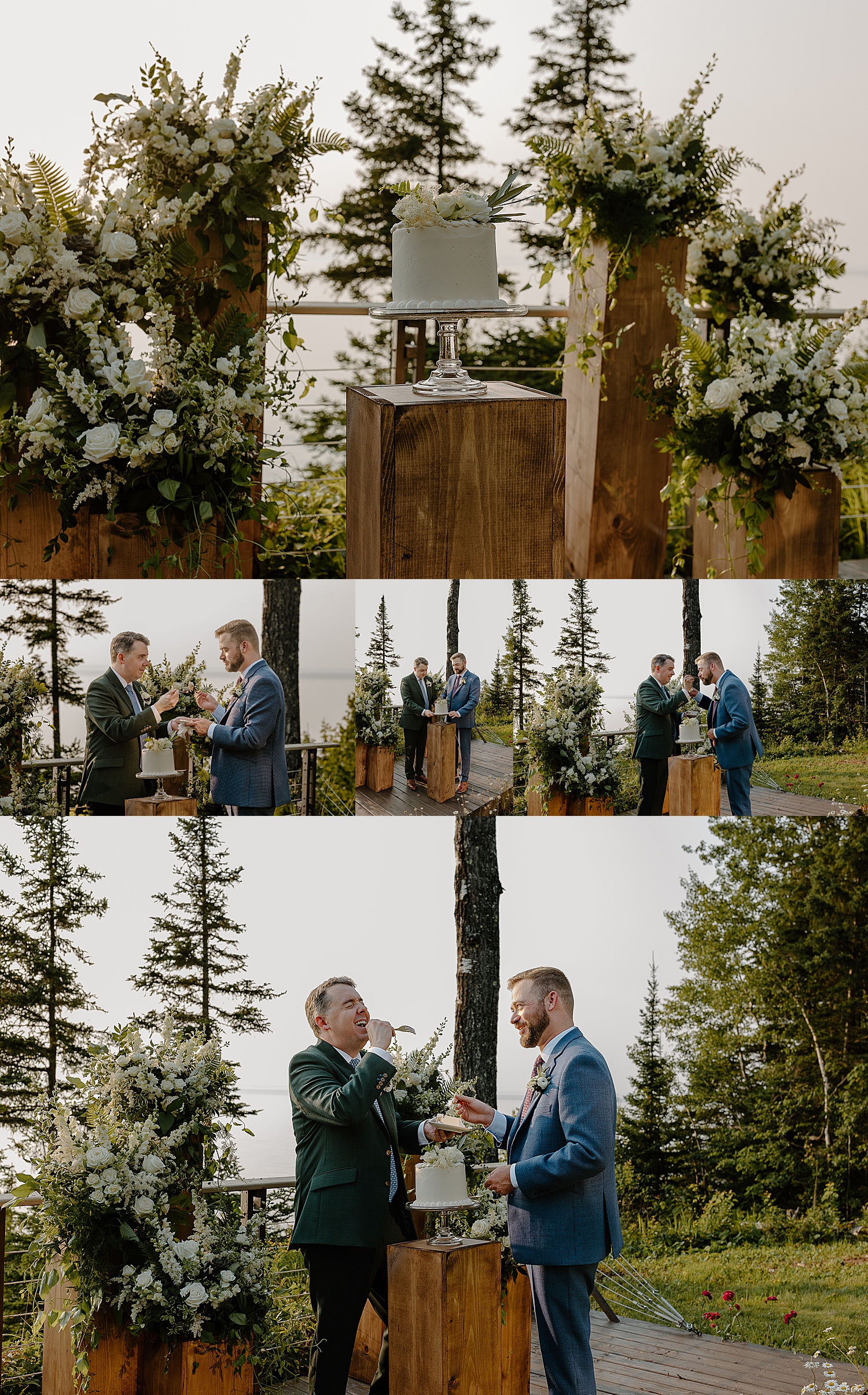 men laugh while cutting their cake by Minnesota elopement photographer