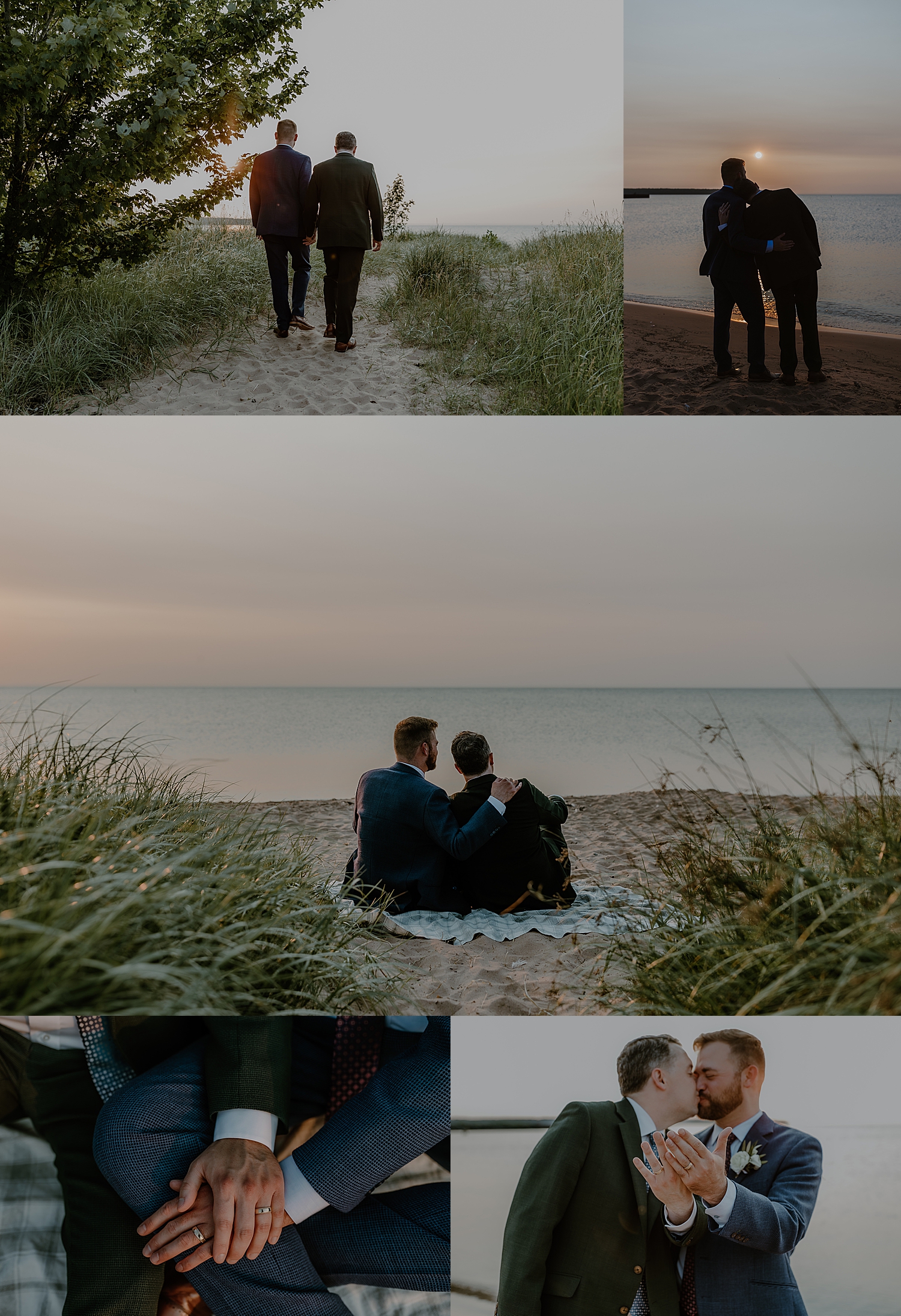newlyweds walk on beach during golden hour at Herbster WI Elopement