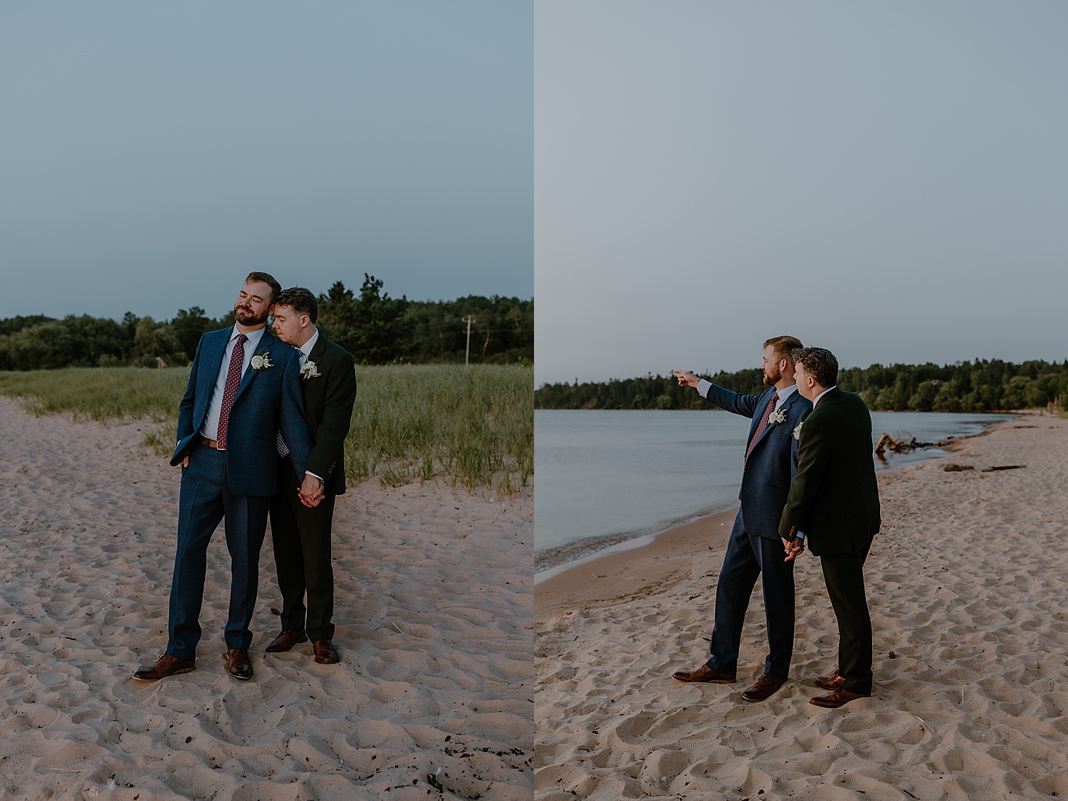 men embrace next to water by Minnesota elopement photographer