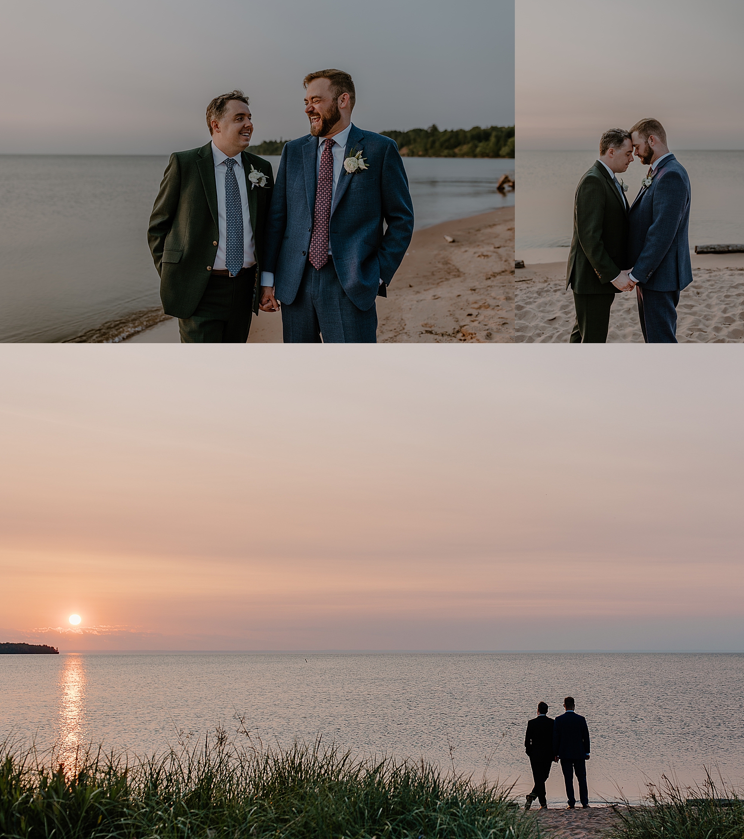 husbands embrace by the ocean after saying I Do at Herbster WI Elopement