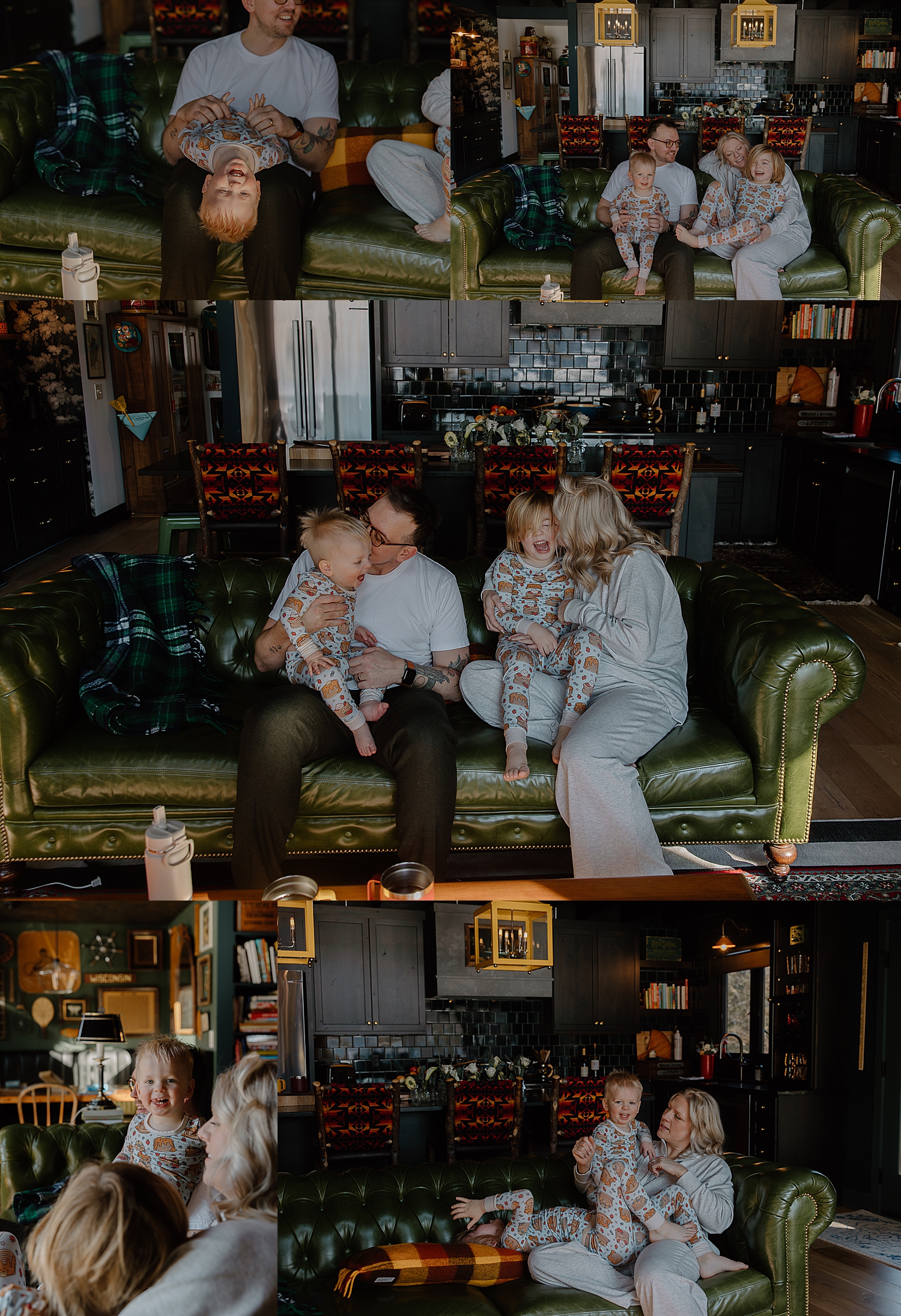 family snuggles on couch for airbnb elopement