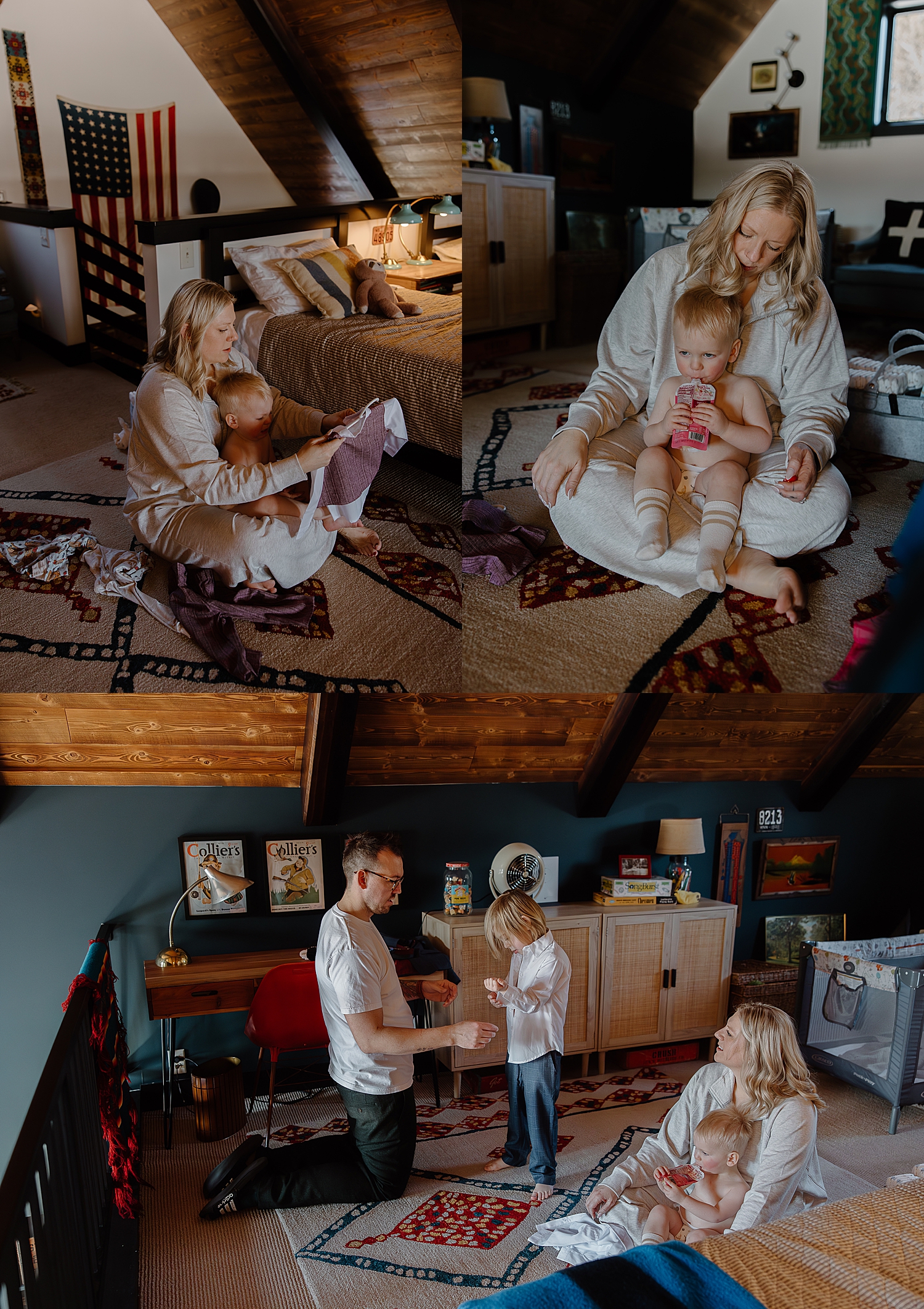 family of four sit on the floor to get dressed by Wisconsin wedding photographer