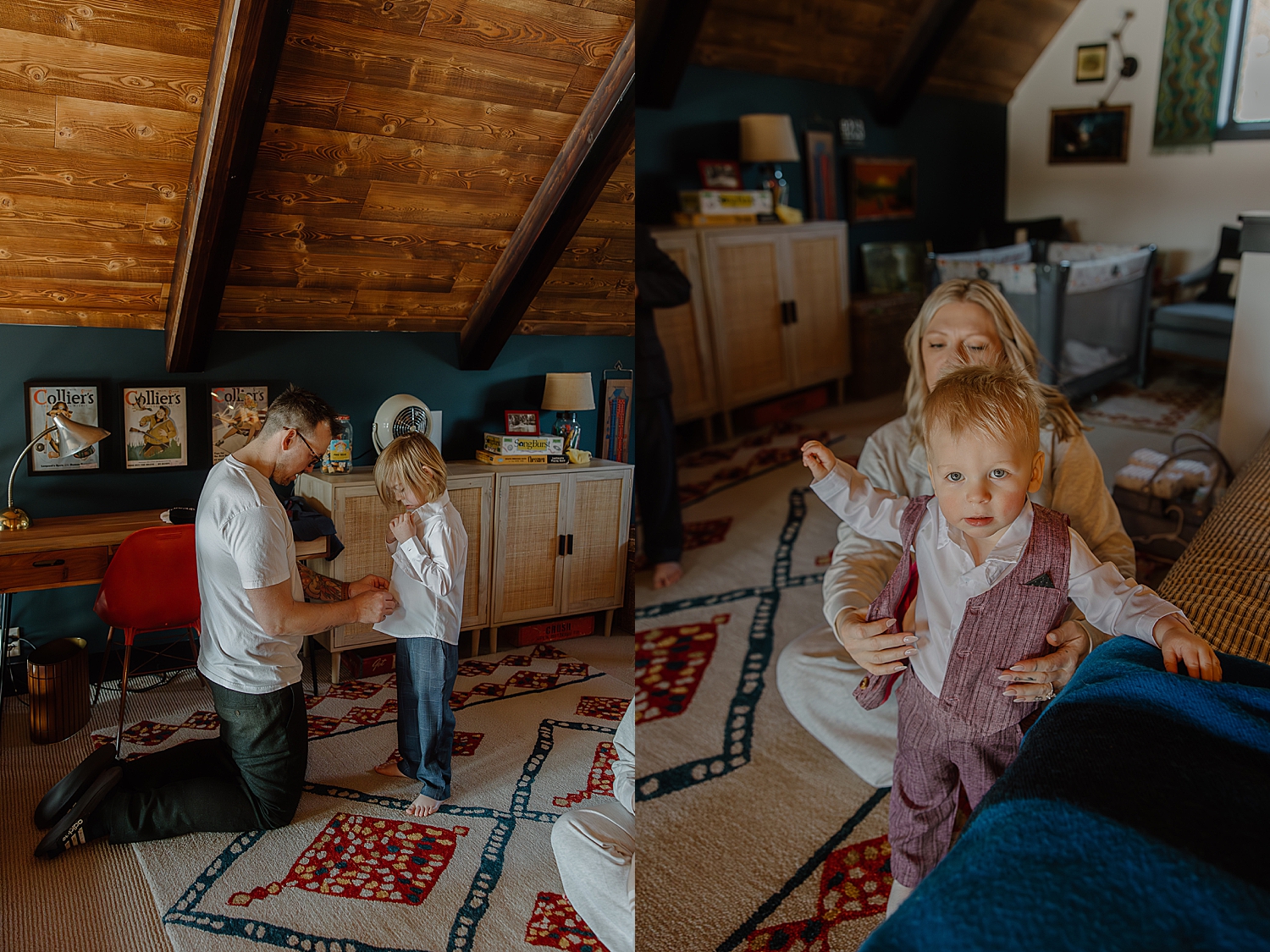 parents help children get dressed for airbnb elopement