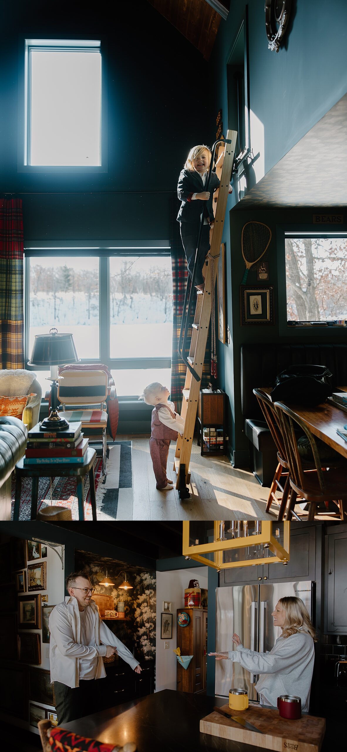 two boys play on library style ladder by Samantha Burke Photography