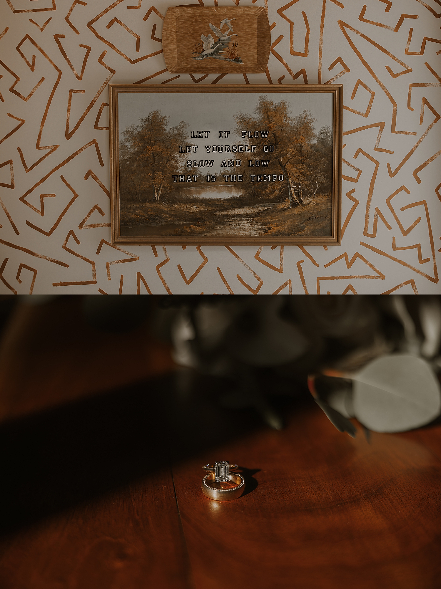 diamond rings on wooden table by Wisconsin wedding photographer