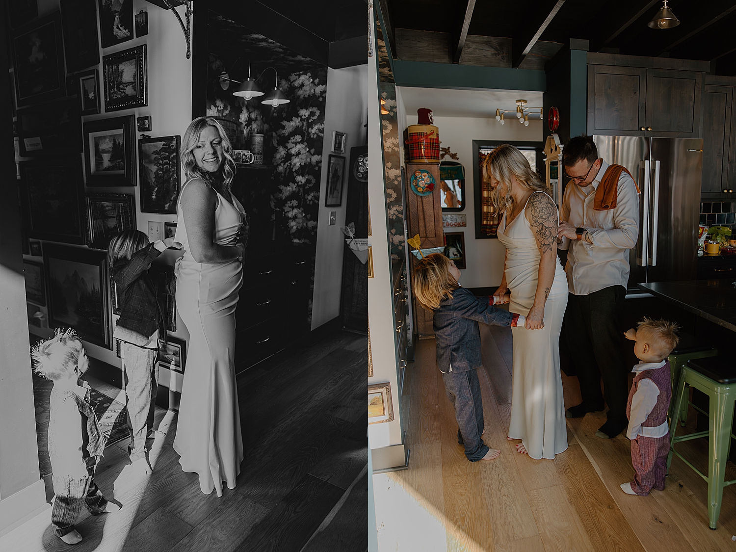 young son helps his mother zip up wedding dress by Samantha Burke Photography