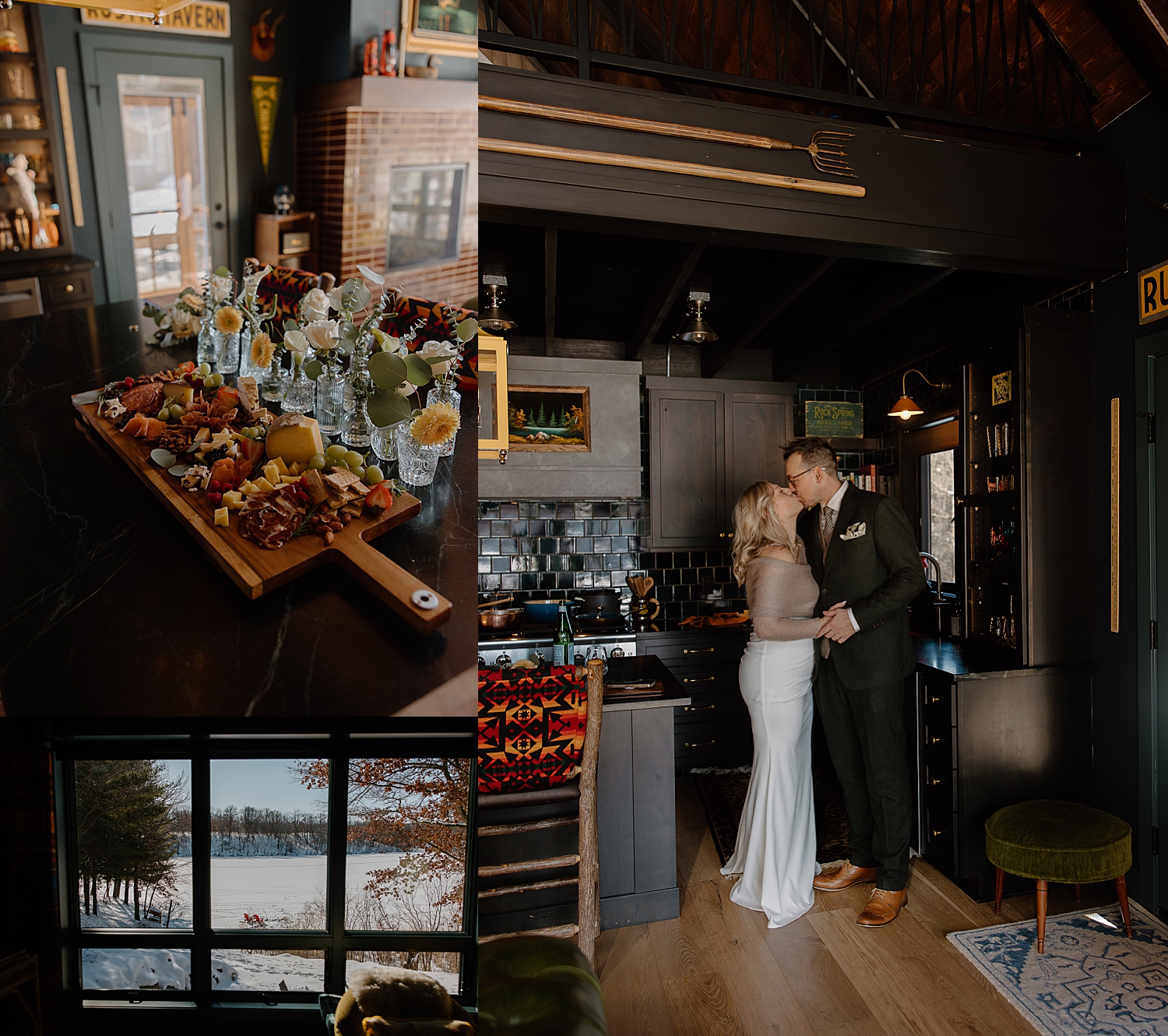 man and woman share a kiss in dark kitchen by Wisconsin wedding photographer