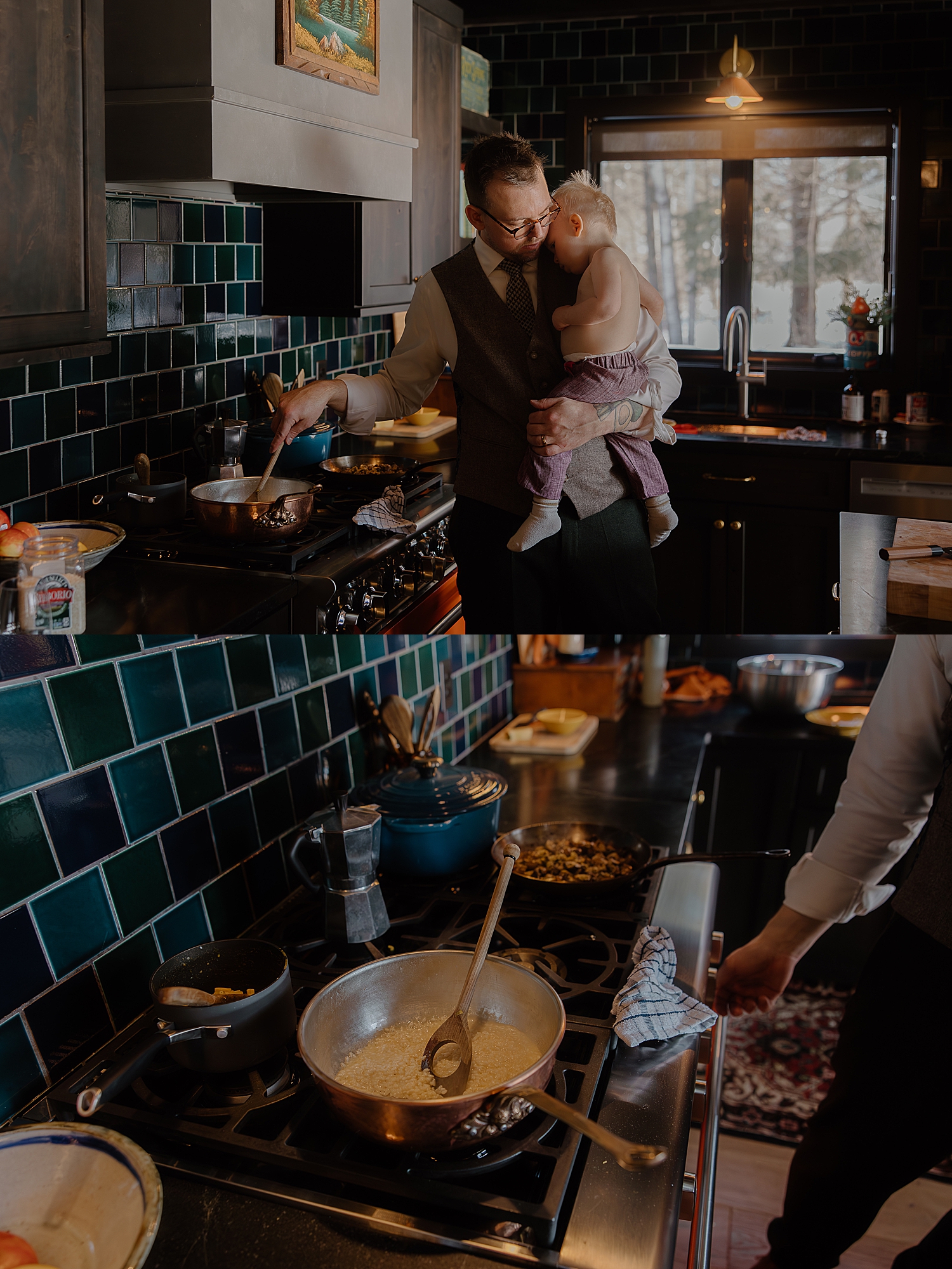 man snuggles his son while cooking over the stove for airbnb elopement