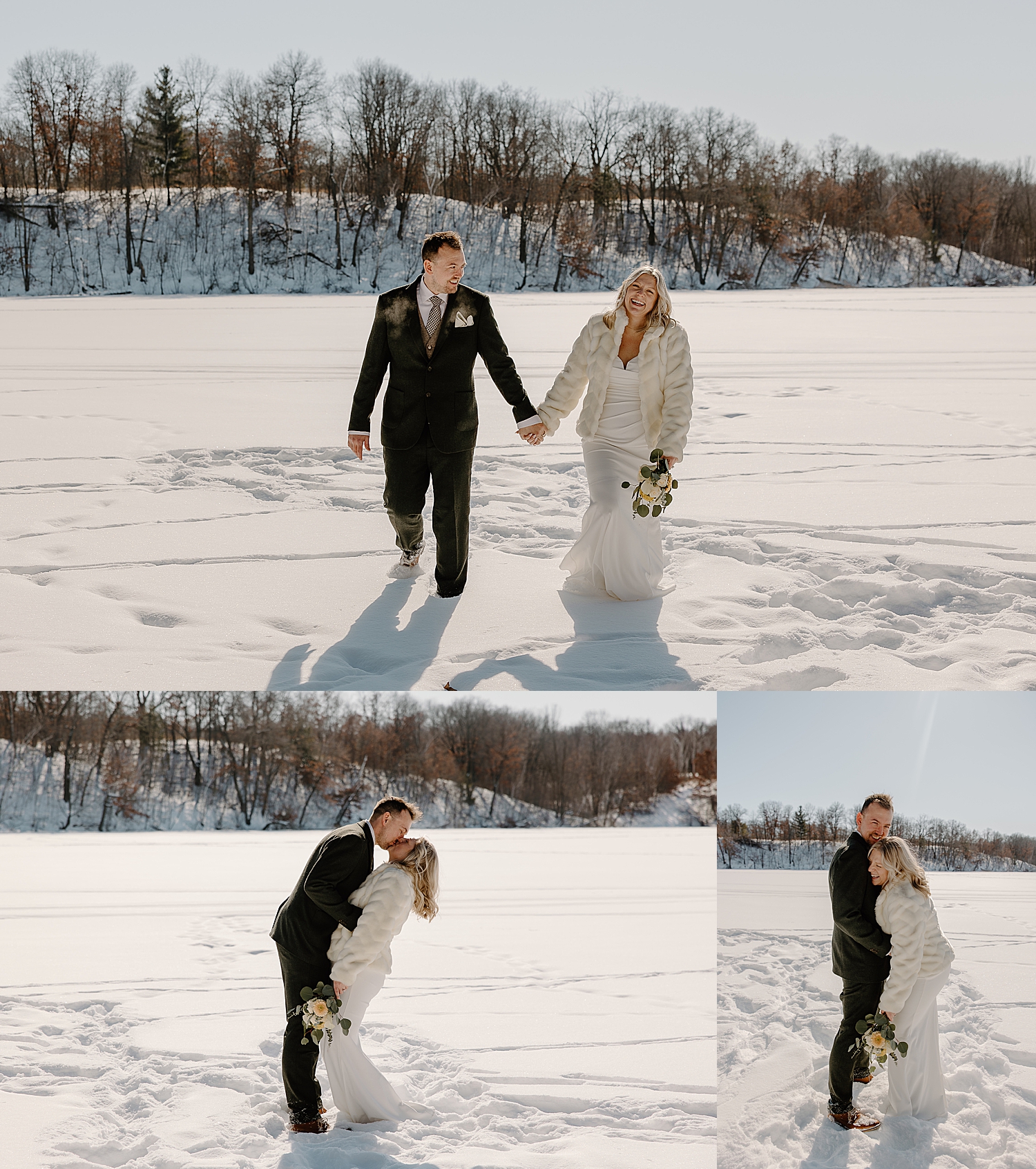 man and woman walk in snow in wedding attire by Wisconsin wedding photographer