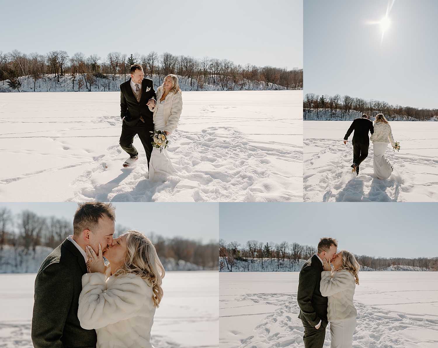 couple play in snow in wedding attire by Samantha Burke Photography