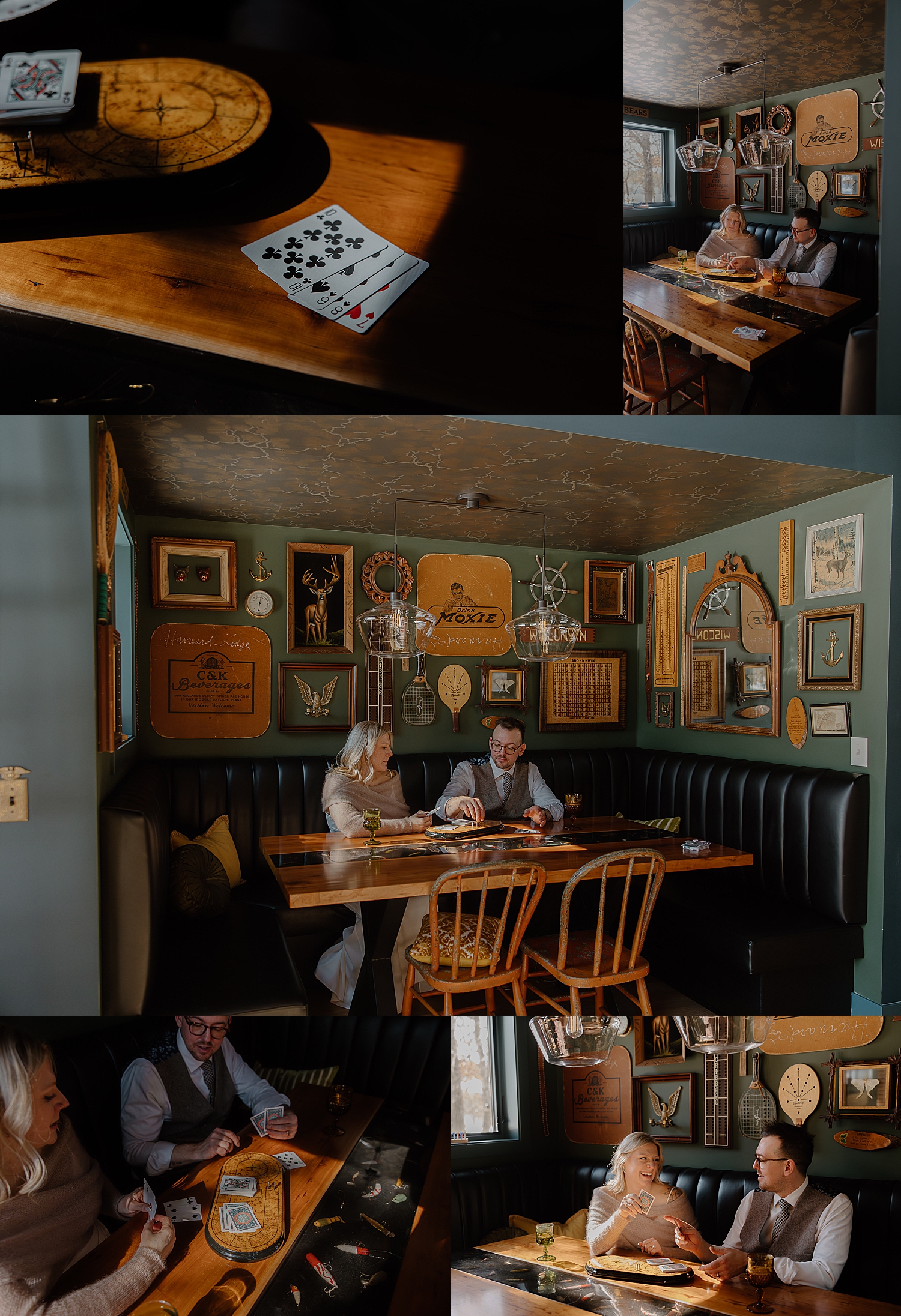couple plays cribbage together after eloping by Wisconsin wedding photographer