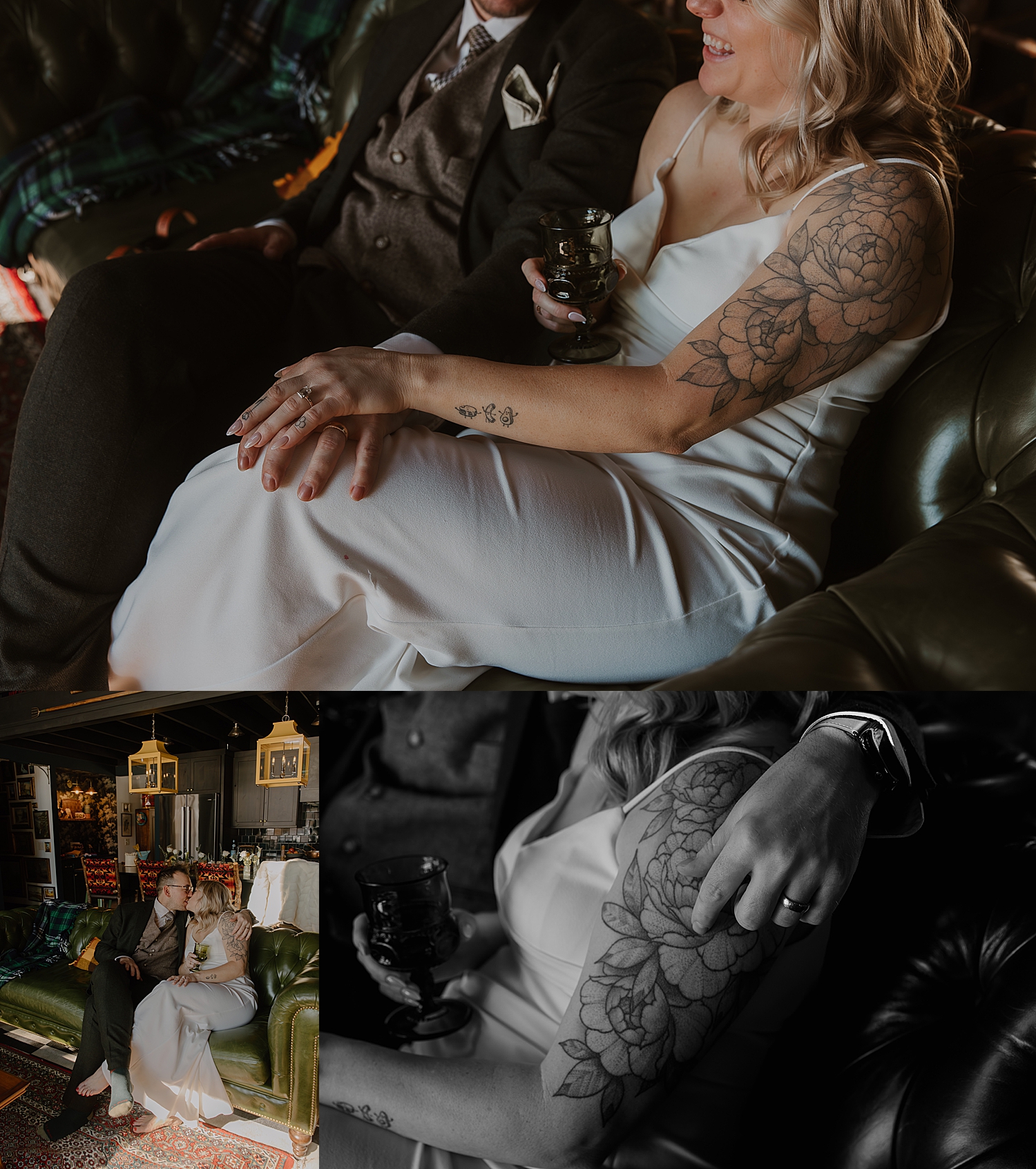 couple snuggle on green leather couch for airbnb elopement