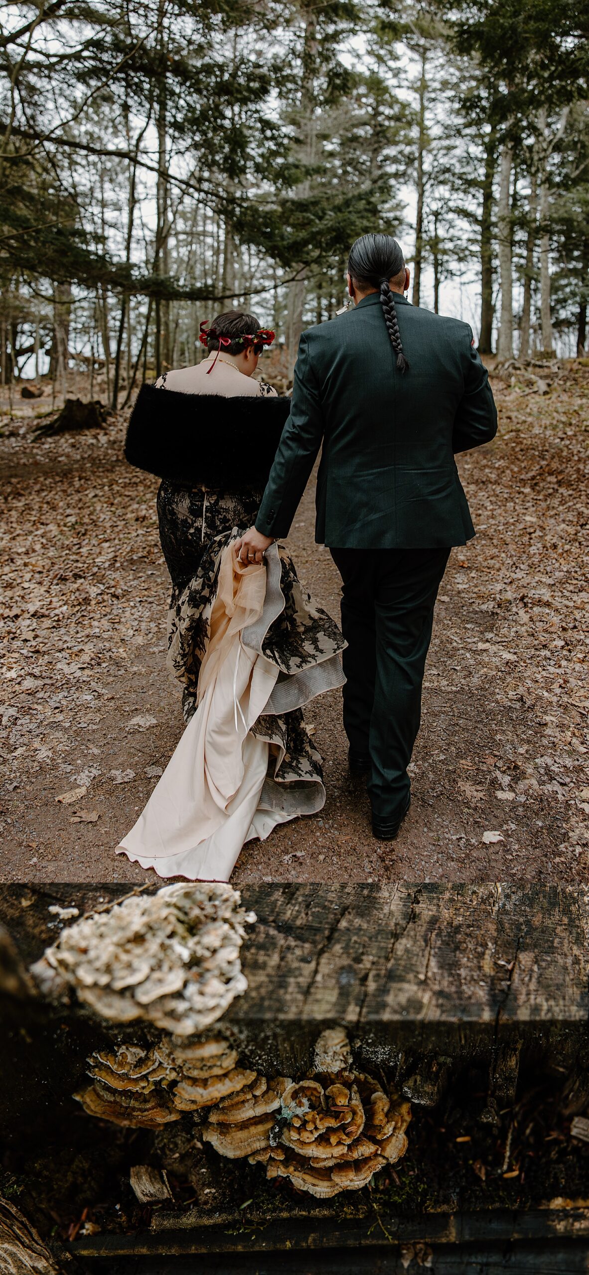 man and woman walk up forest path for Beltane Elopement
