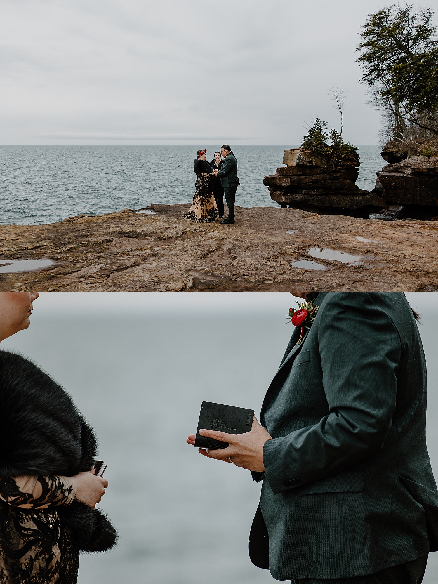 woman and man exchange vows on cliffside by Wisconsin wedding photographer