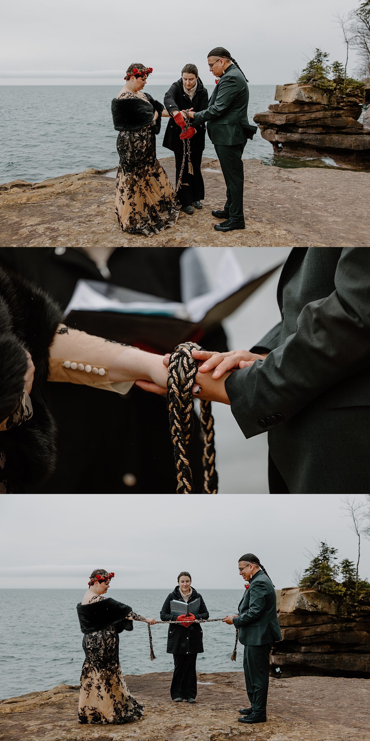 officiant ties cord over newlyweds hands by Wisconsin wedding photographer