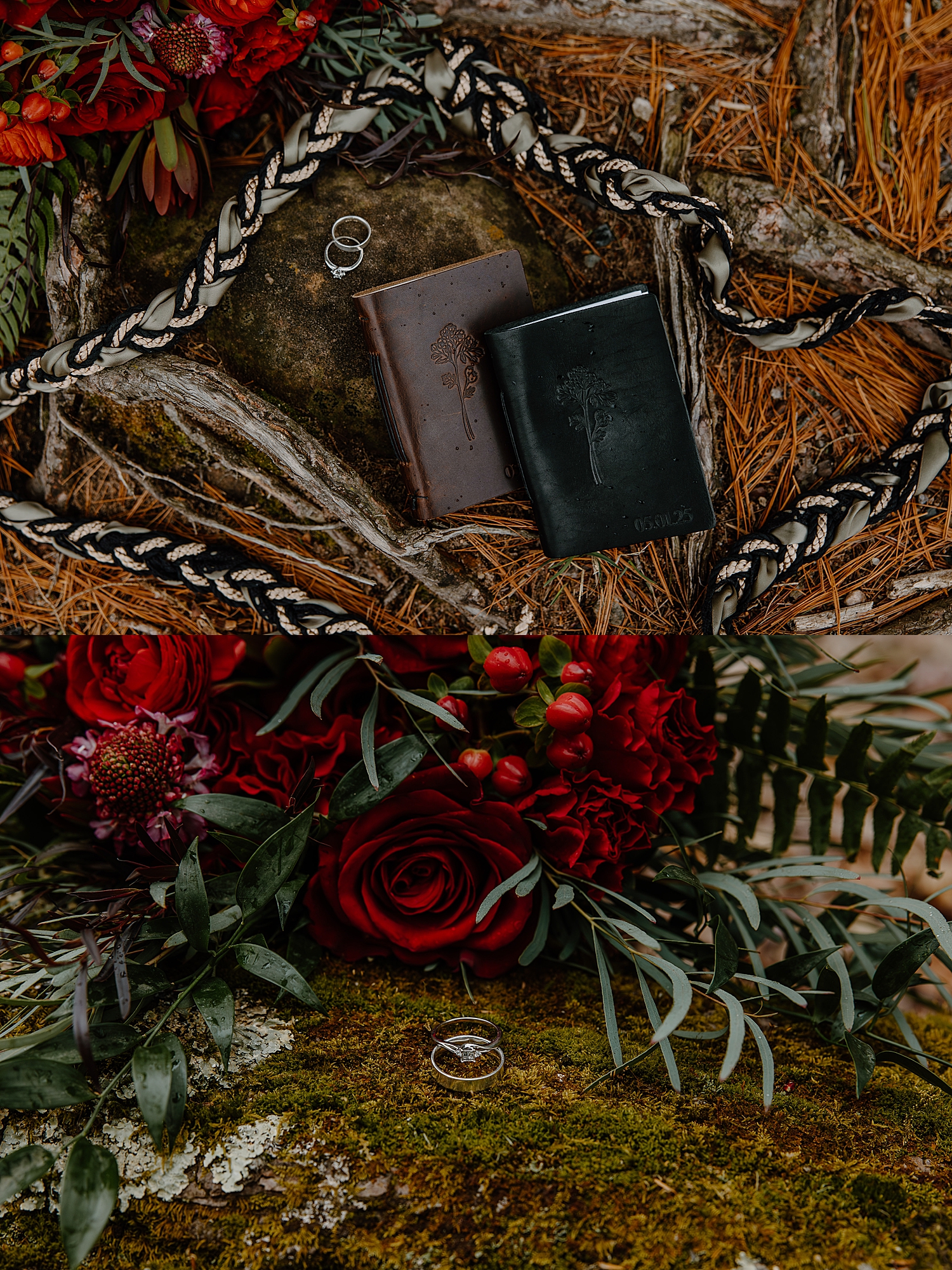 wedding rings sit on moss next to flowers for Beltane Elopement