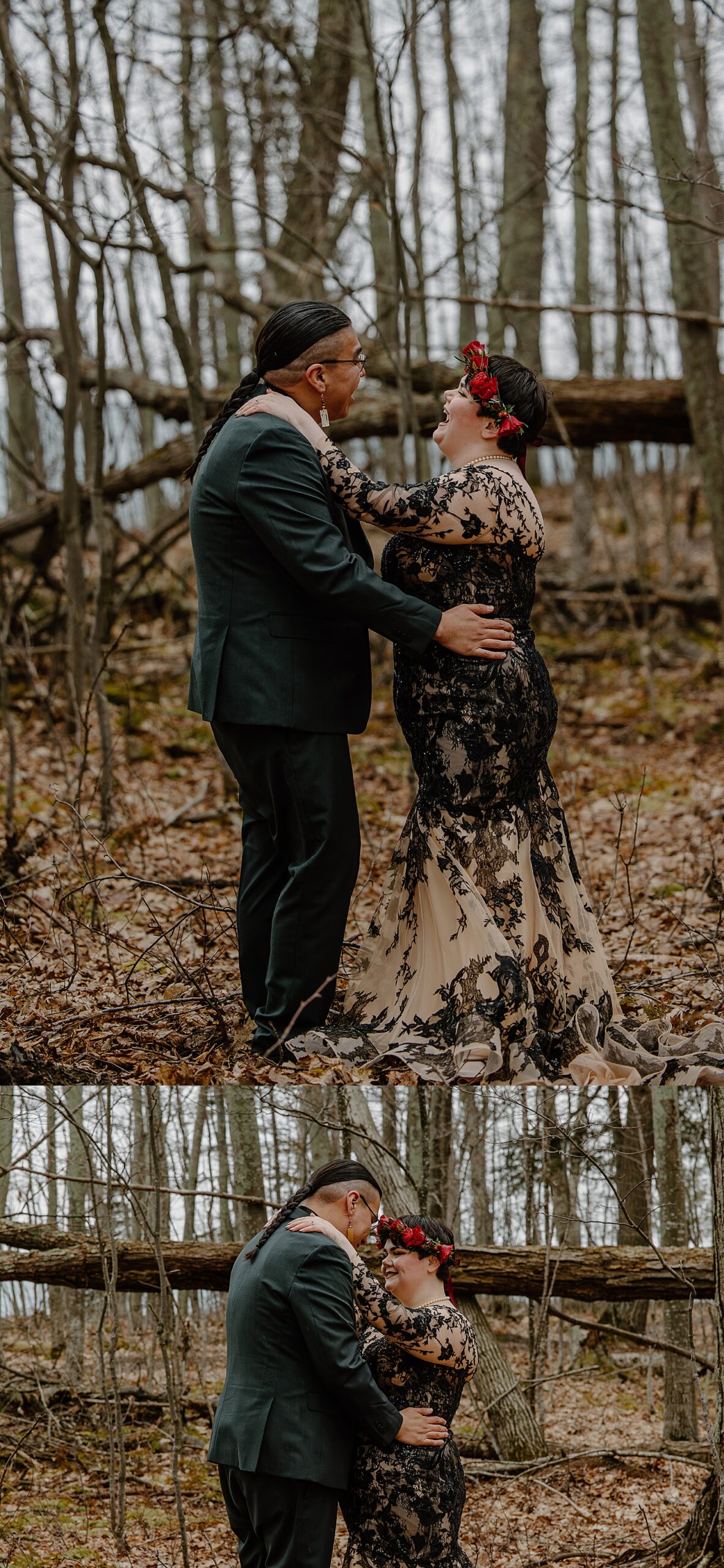 newlyweds laugh together in the forest by Samantha Burke Photography