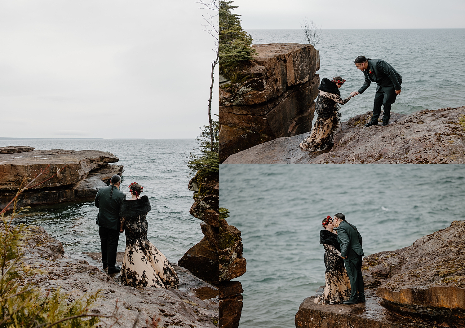 husband helps his new wife up rock by Wisconsin wedding photographer