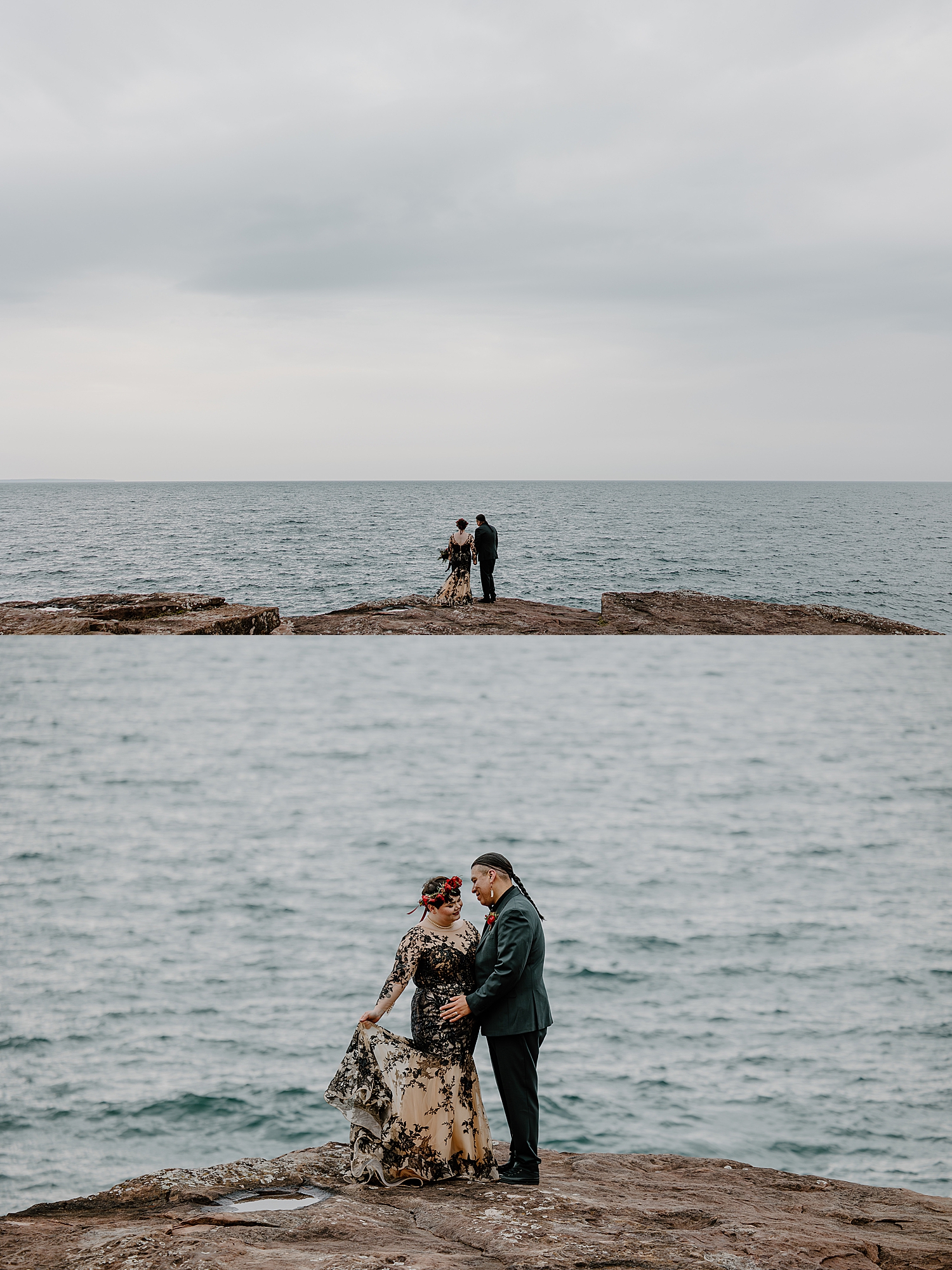 couple stands on rock, overlooking vast water by Samantha Burke Photography