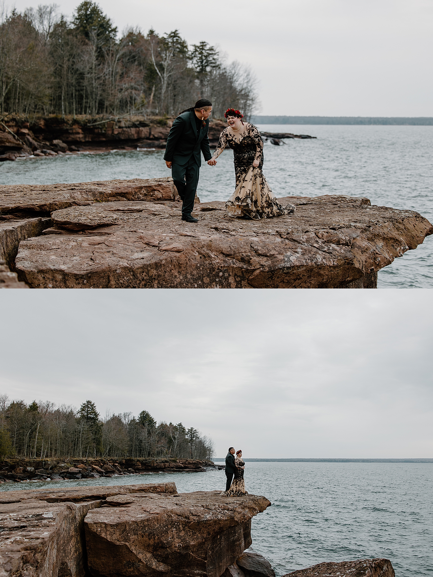 woman laughs with her man on cliff overlooking water by Wisconsin wedding photographer