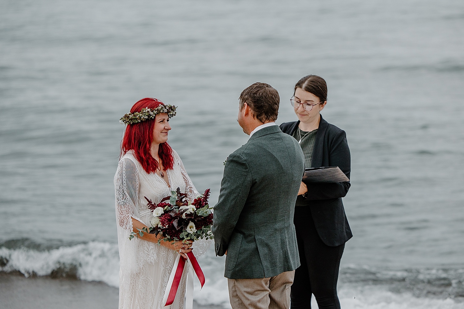 colorful bride says I Do on the sand for Wisconsin Beach Elopement