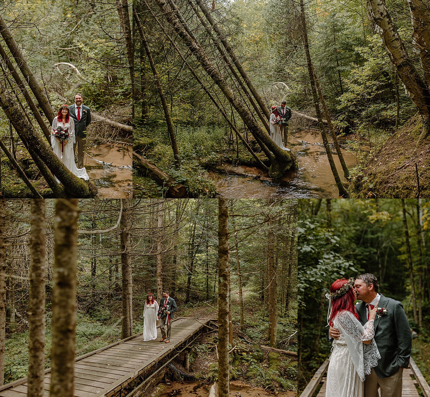 couple walk along wooden bridge in forest for their Wisconsin Beach Elopement 