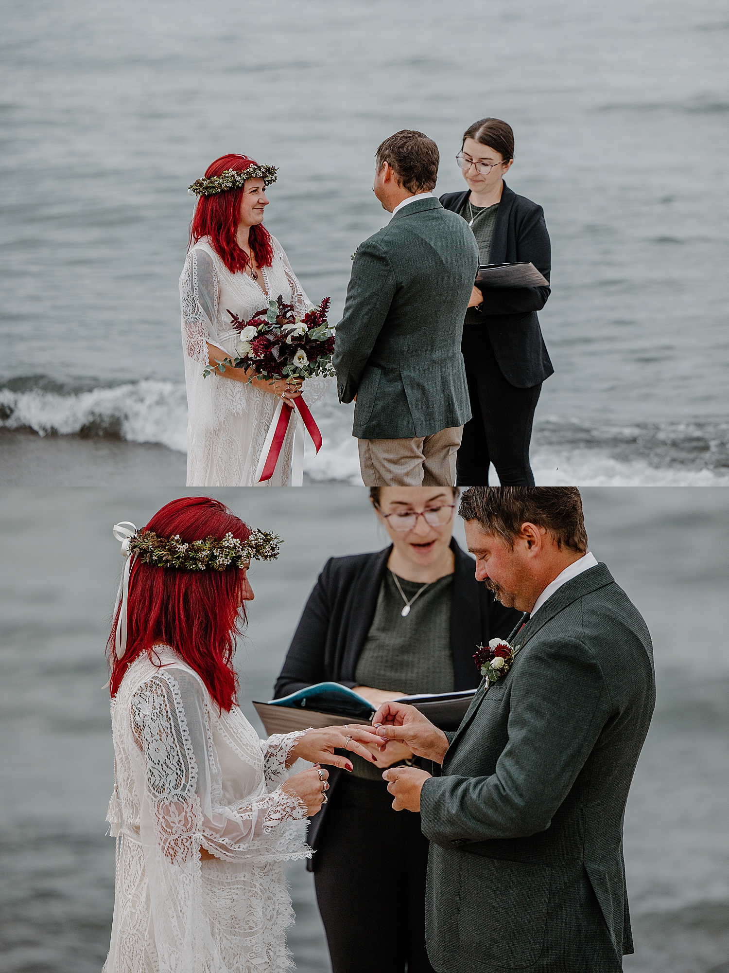 redhead and man stand on beachfront for private ceremony during Wisconsin Beach Elopement 
