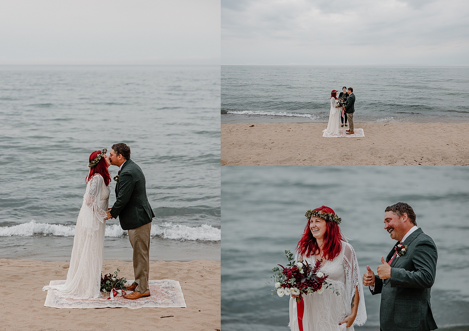 redhead with flower crown says I Do on beach for ceremony by Minnesota wedding photographer 