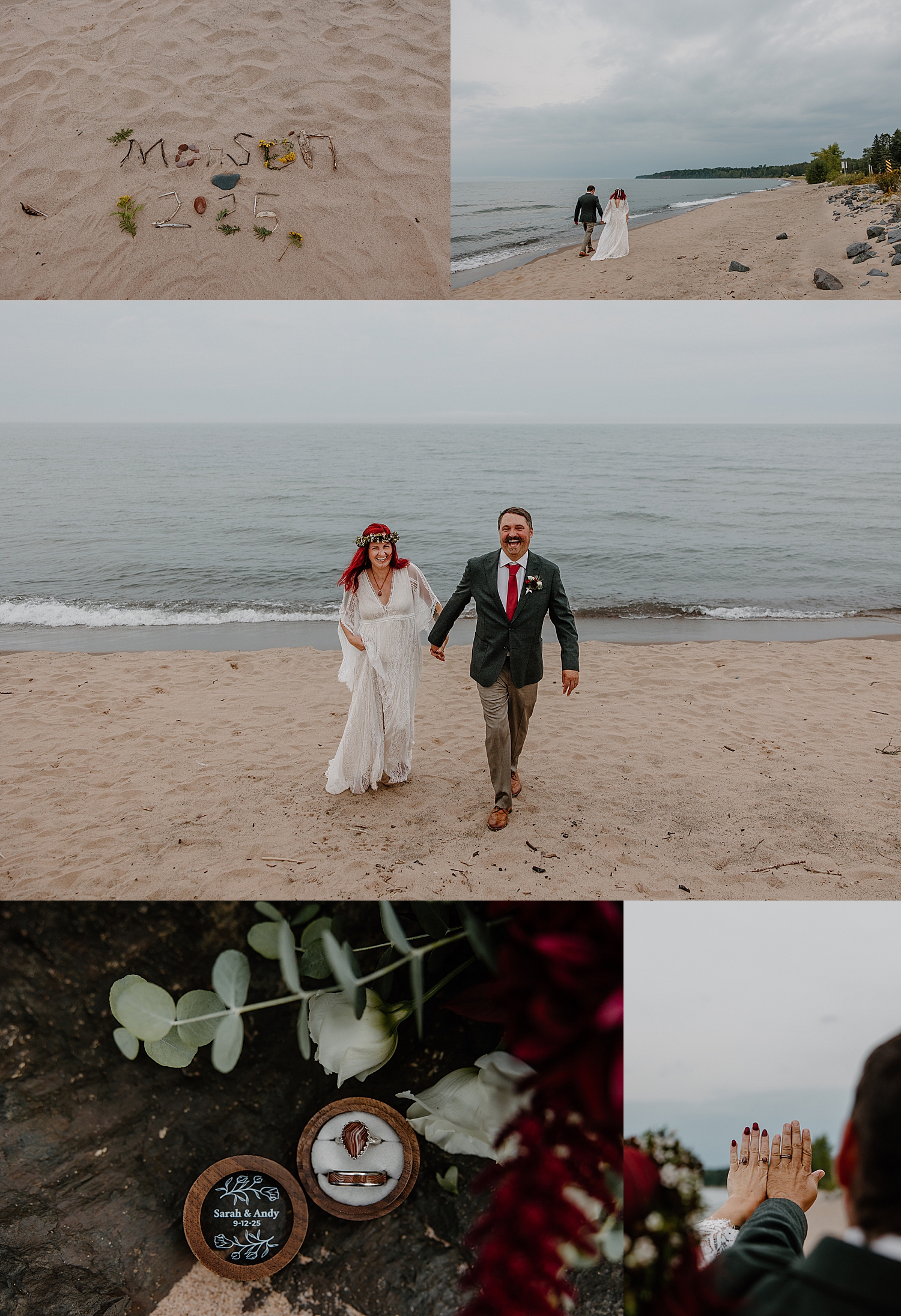 man and woman walk up beach grinning after saying I Do by Samantha Burke Photography