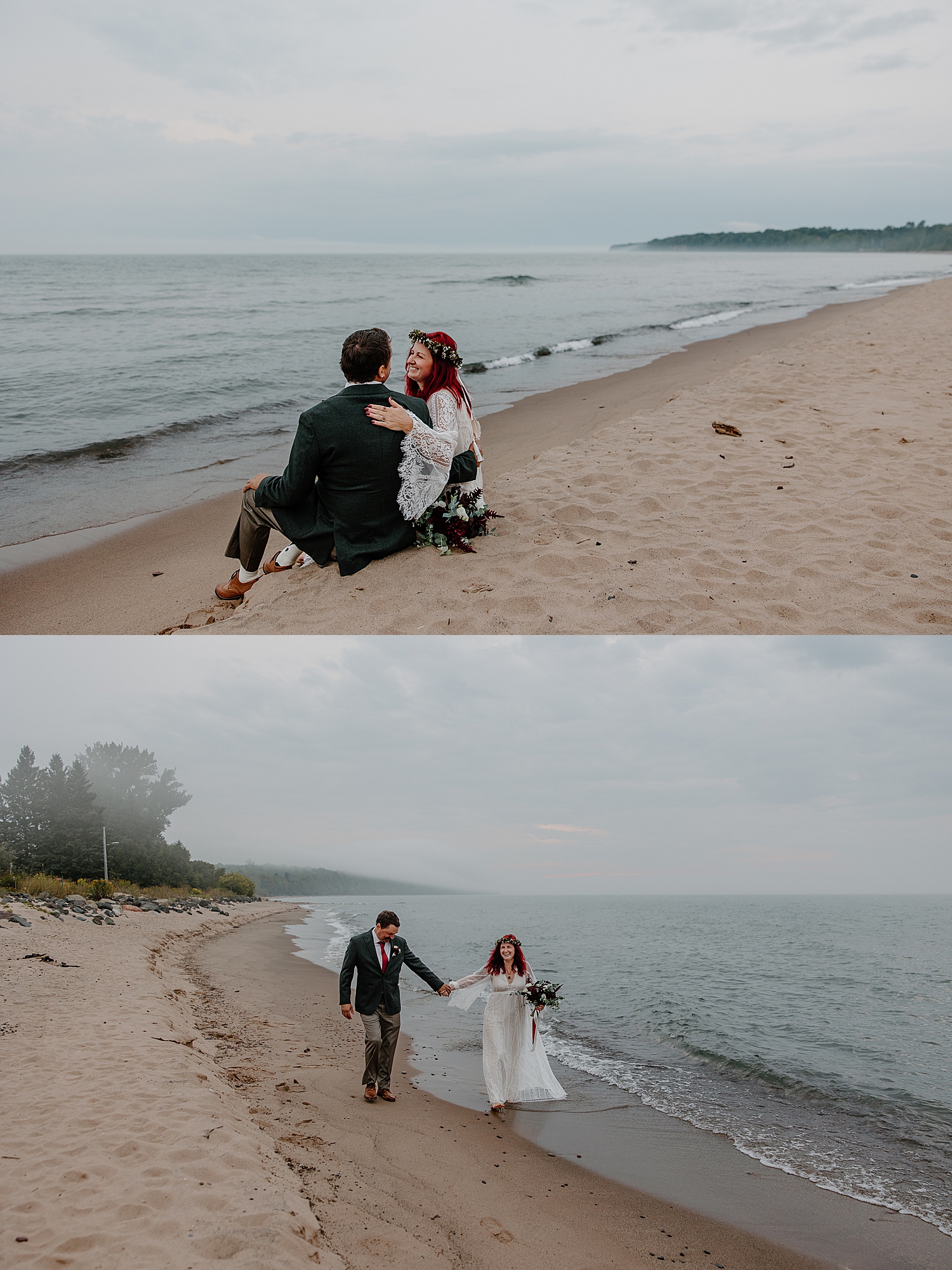newlyweds sit by the waters edge smiling during their Wisconsin Beach Elopement 
