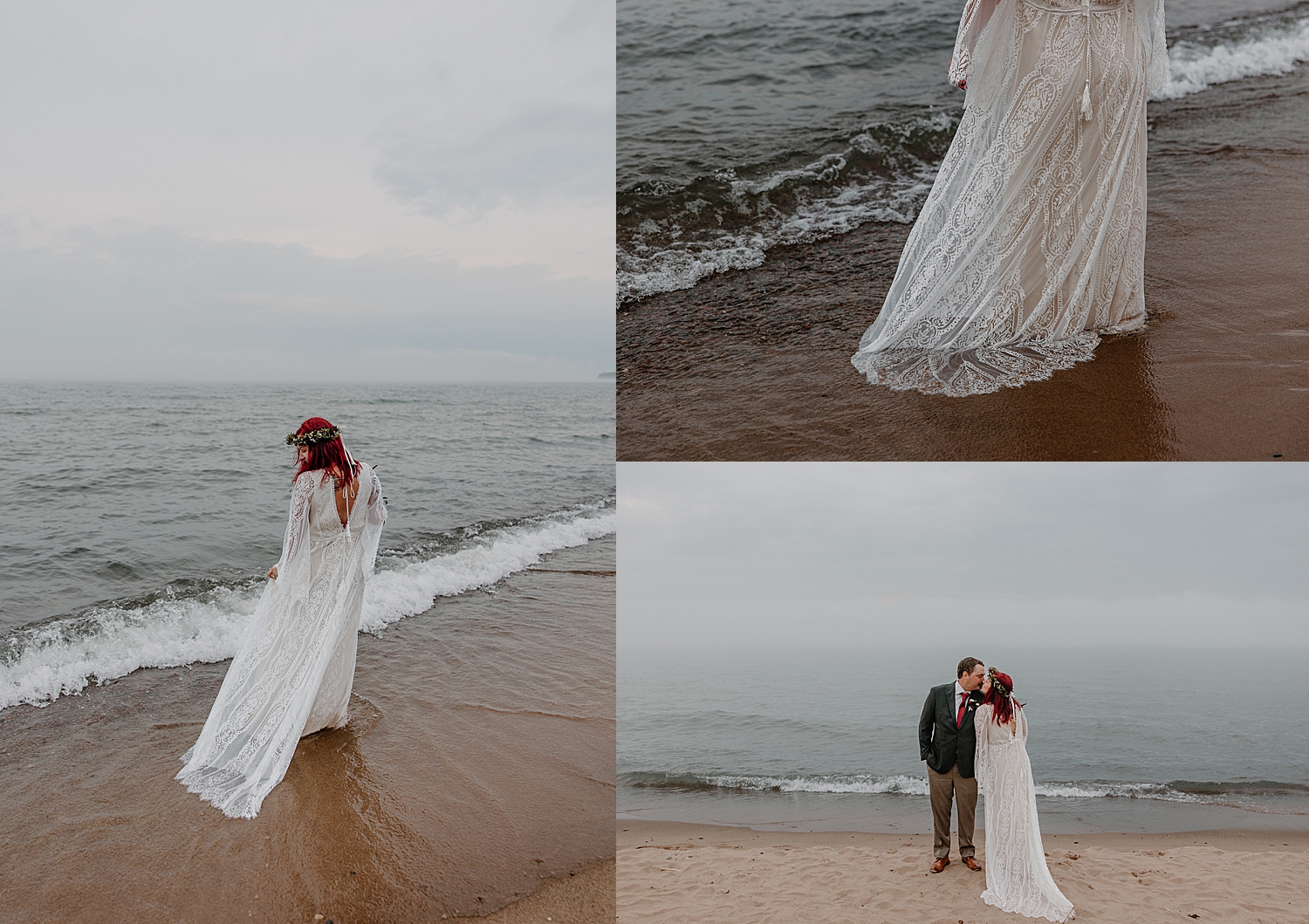bride in long lace gown stands next to water by Minnesota wedding photographer 