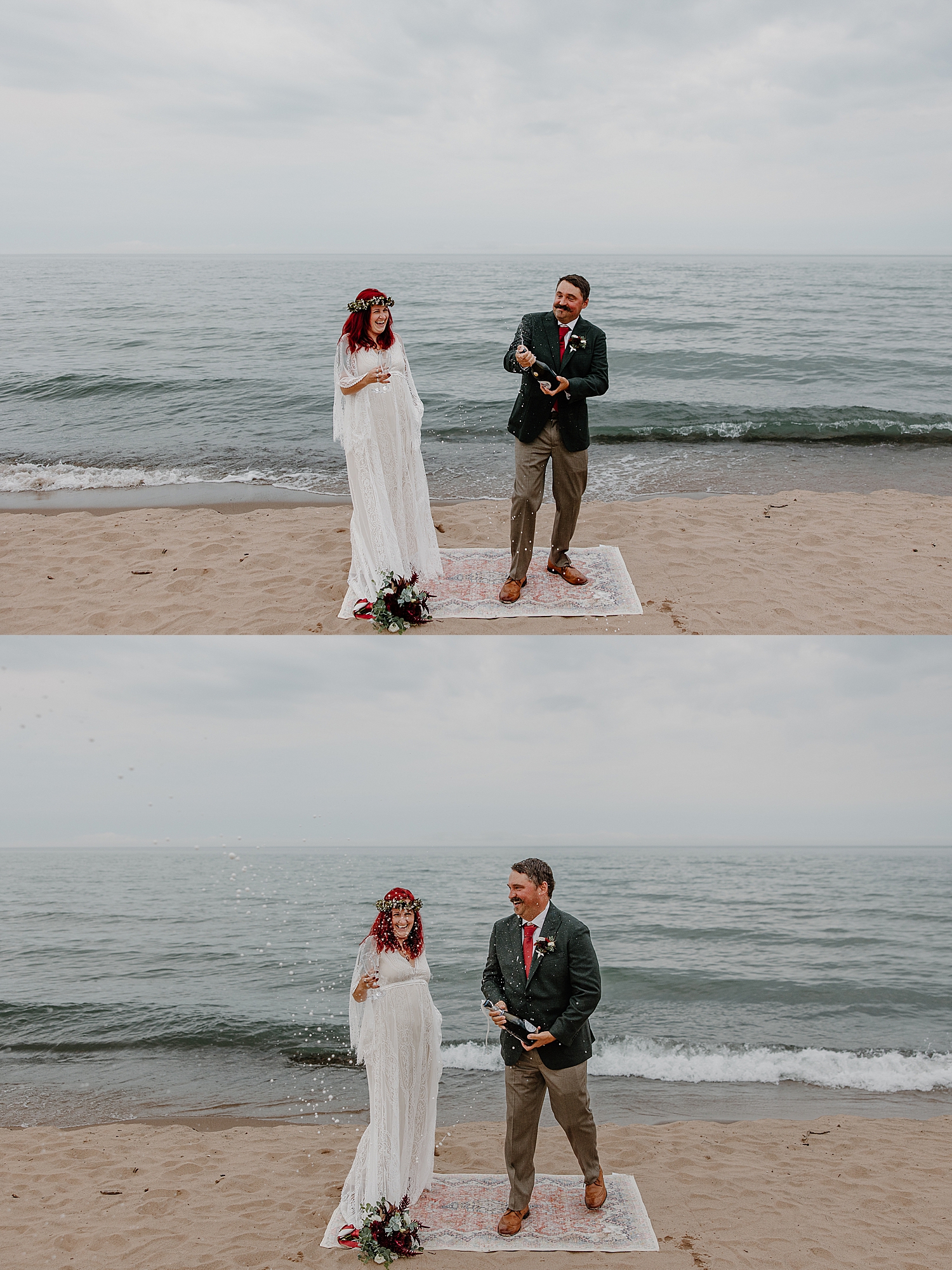 groom pops a bottle of champagne near the water by Samantha Burke Photography