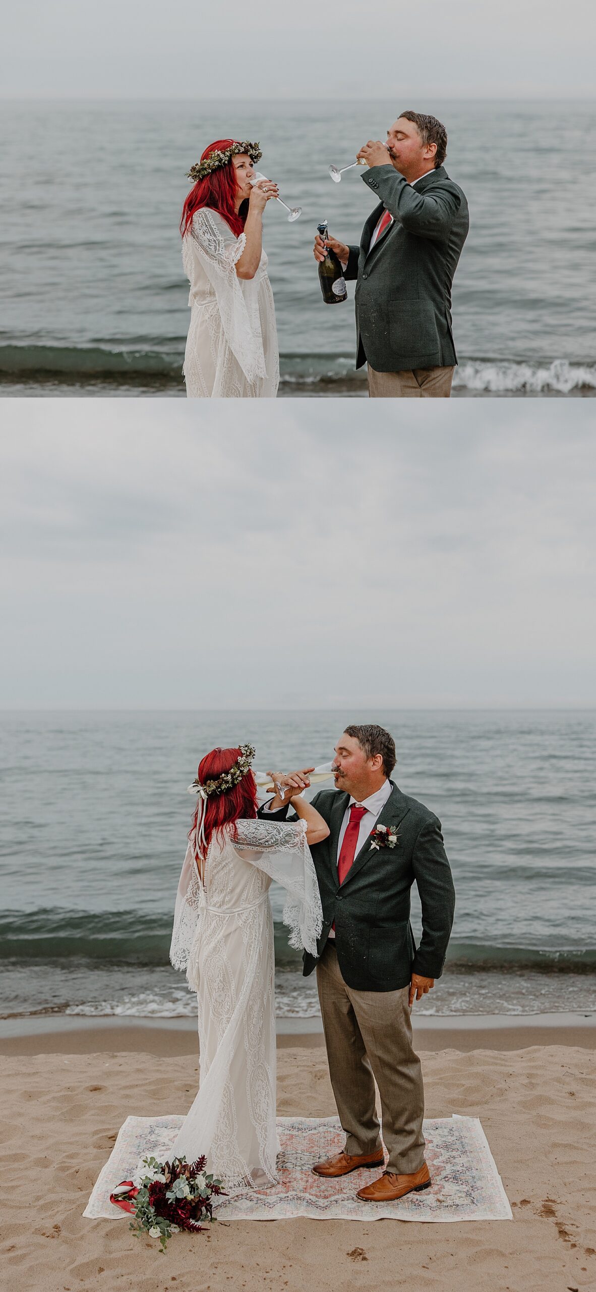 husband and wife share a celebratory glass of champagne for their Wisconsin Beach Elopement 