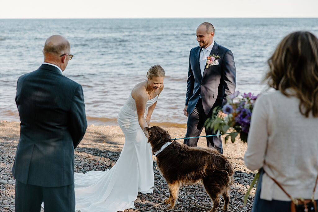 bride and groom pet their dog on sandy beach by Samantha Burke Photography