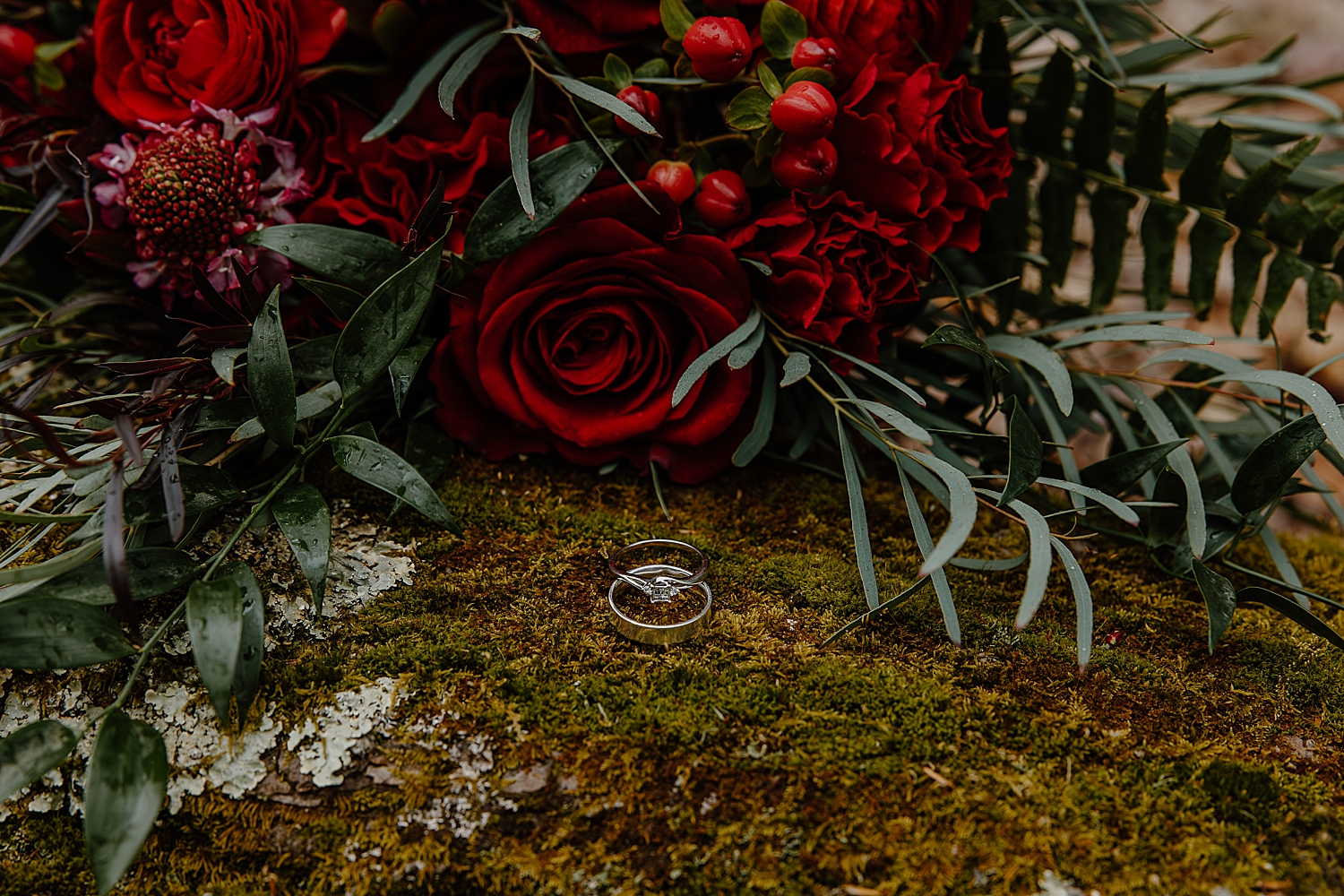 two diamond rings on moss in front of flowers by wisconsin wedding photographer
